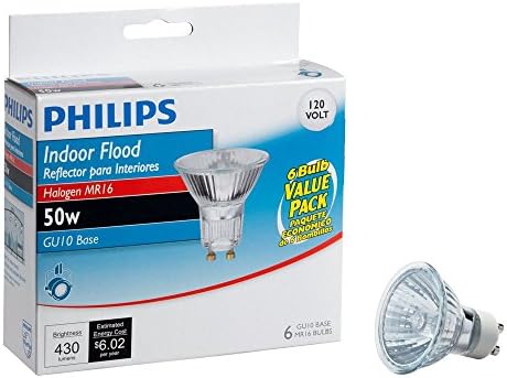 Philips 415760 50-Watt Halogen Indoor Flood MR16 GU10 Base 120-Volt Light Bulb, 6-Pack