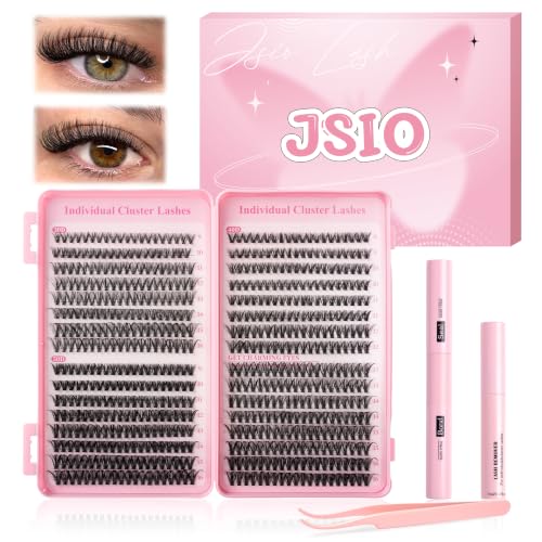 Individual Eyelashes Kit 640Pcs 9-16mm Lash Clusters with Bond&Seal&Remover Natural Fluffy Wispy lash by Jsio Volume Lash Book Kit D Curl DIY Eyelash Extensions at Home for Beginners(30+40+50D)