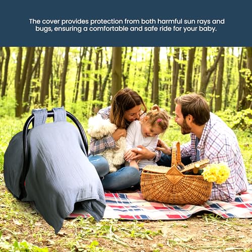 Image of EDEN BLISS Muslin Baby Car Seat Cover- 100% Cotton - 120x120cm Infant - Lightweight Infant Canopy, Universal Fit Baby Carrier Cover & Nursing Privacy Cover