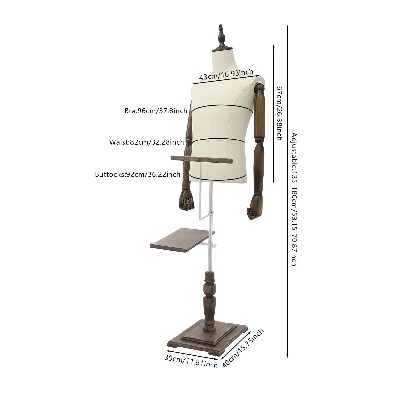 Mannequin de Couture Homme Réglable 135–180 cm, Porte-Pantalon et Support à Chaussures, Socle Stable en Bois, Buste Autoportant pour Boutiques et Vitrines (Beige, Standard)