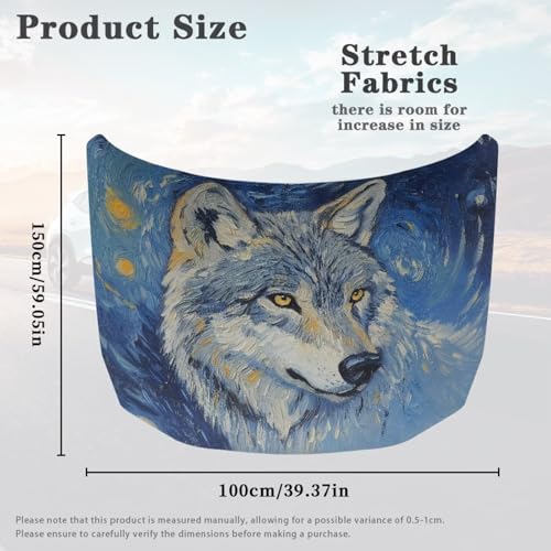 Image of Oil Painting Wolf Car Hood Cover Weatherproof Automotive Exterior Accessories Universal Fit Hood Covers for Cars, Trucks, SUV, or Van Full Coverage with Elastic Band
