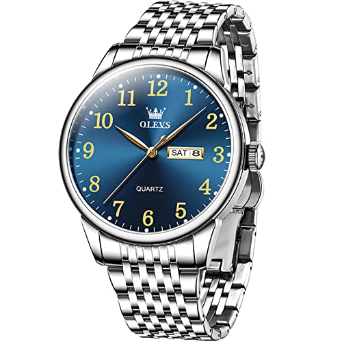 とけい腕時計 メンズ オシャレ人気 防水 Olevs時計 メンズ ビジネス アナログ ステンレス 腕時計メンズ 日付 アラビア数字 クォーツ うて時計 メンズ ブルー 腕時計 メンズ シルバー カレンダー Silver Watch Men プレゼント