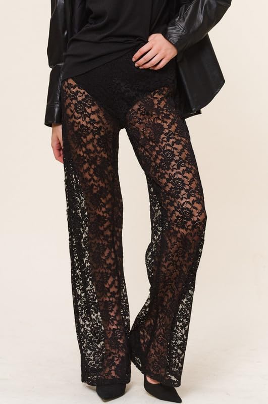 Women Lace Tiered Frill Trousers Mesh See Through Ruffle Layered Pants Low Waist Jacquard Lace Wide Leg Trousers2