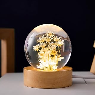 Lampe boule de cristal marguerite avec base en bois, lampe à fleurs éternelles pour chambre, veilleuse marguerite, cadeaux pour maman, Noël, anniversaire, garçons et filles