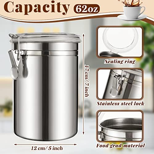 Lallisa 3 Pcs Stainless Steel Kitchen Canister 62 fl oz with Airtight Clear Clamp Lid, Metal Food Storage Container Set for Coffee Bean Ground Coffee Flour Sugar Spice Tea Cereal Snack Candy Pantry