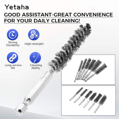 Image of Yetaha 6Pcs 304 Stainless Steel Copper Tube Pipe Cleaner, 50mm 1 /2 inch 3 /4 inch 1 inch Pipe Cleaning Brush Set, 1 /4 Inch Hex Shank S2 Steel Handle for Power Drill Plumbing Tools (Black, Mixed Package)