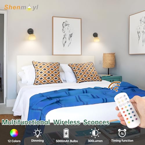 Image of Shenmoyl Vintage Wall Sconce Set of 2 - Rechargeable Battery Powered with Remote Control, Pastel Yellow Tulip Glass Lampshade (5000mAh) for Bedroom /Doorway