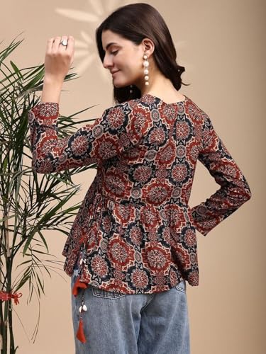 Image of MAHIRA'S Women's Short Kurti, Black Rayon Tunic Top with Embroidered Sleeves, 3 /4 Designer Sleeves