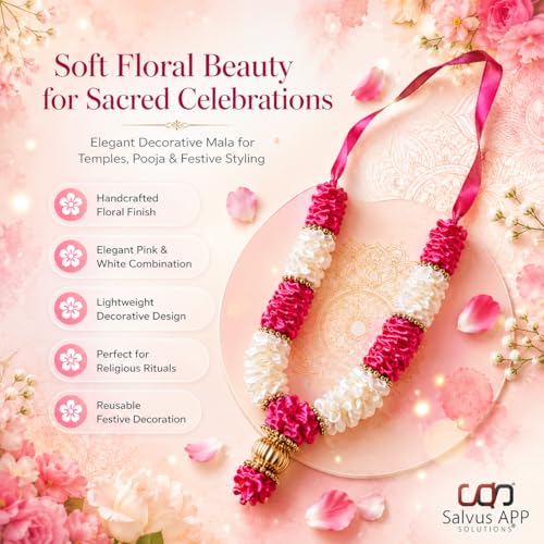 Image of Salvus APP SOLUTIONS Handcrafted Pink & White Flower Satan /Garland Mala | Fabric & Plastic Pooja Mala for God Idols, Temple & Home Decor, Religious Rituals & Festivals (Multicolor)