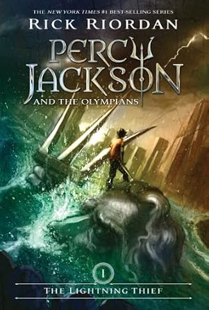 The Lightning Thief by Rick Riordan, a mythological fantasy book cover depicting a boy standing atop Poseidon's head in a stormy sea with a city scape in the background.