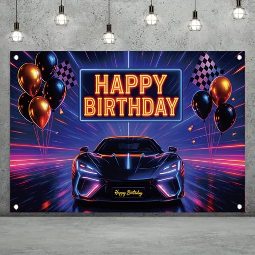 Image of Racing Car Happy Birthday Backdrop Sports Car Neon Racing Banner Black White Plaid Checkered Flag for Men Boys Photography Background Bday Table Decor Photo Booth Prop 71 x 43 Inch