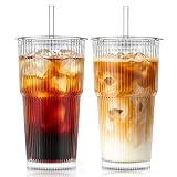 SoulTimes 600 ml Glasbecher mit Deckel und Strohhalm, Gerippte trinkbecher für Iced Coffee, Smoothies, Saft & Kaltgetränke, Elegantes Trinkgeschirr für Zuhause & unterwegs 【2er Set】