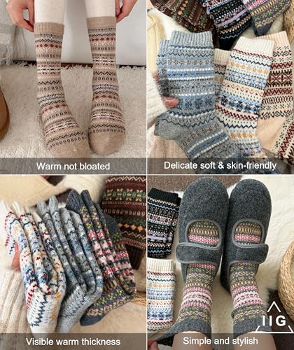 Image of IIG 5 Pairs Women's Vintage Style Thick Wool Warm Winter Crew Socks