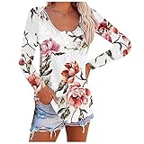 Aahkloijw Damen Rundhals Blumendruck Oberteil Mit Knöpfen Sweatshirt Loose Casual Kapuzenpullover Gestrickter Pullover Laufshirt Langarm T-Shirt Basic Bluse Tops Streetwear
