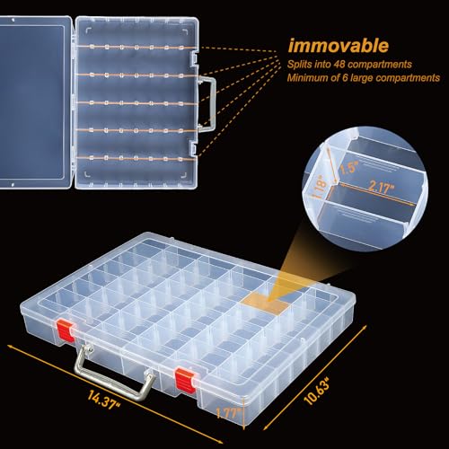 Image of CGCG 2-Pack 48-Compartment Clear Plastic Organizer Box 14.37x10.63 | Storage case with handles, removable dividers for miniatures, small toy, fishing tackle, diamond painting, pencils, crafts