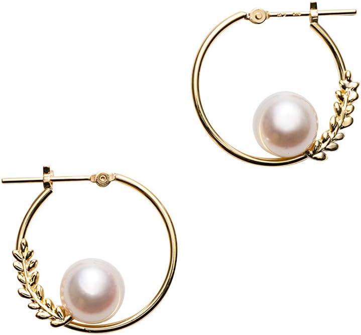 Japanese 7.0mm Akoya Cultured Pearl Hoop Earrings for Women with 18K Yellow Gold | Elegant Design Excellent Gift | Pearl Earrings hoops