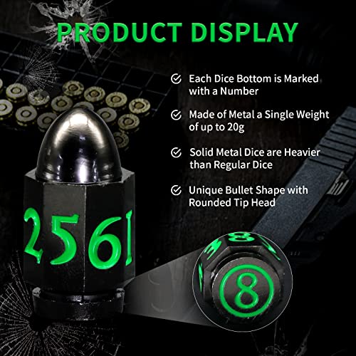 Bullet Dnd Dice For Dungeons And Dragons, Hnccesg Solid Metal Dice Role Playing Dice Polyhedral D&D Dice For Rpg Table Board Games Warhammer Shadowrun Yahtzee (Bullet Black Green) #TOP1
