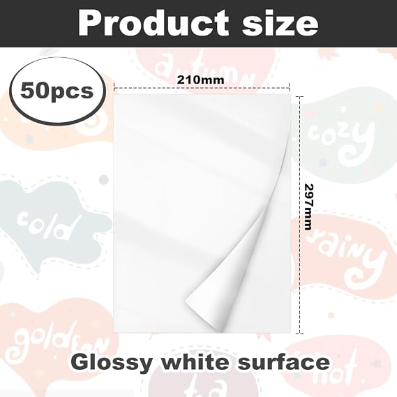 ADERTOS Waterproof Printable Vinyl Stickers Paper, 50 Sheets A4 Sticker Paper Labels Glossy Sticker Printer Paper Self-Adhesive Vinyl Inkjet Film Decal for Inkjet & Laser Printers - Glossy, 297x210 mm