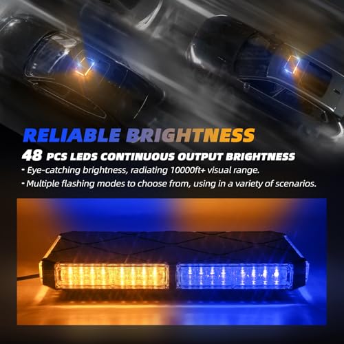Image of 12 Inch Roof Top Strobe Lights /Magnetic Base, Mini LED Flashing Traffic Light Bar for Plow Tractors, Tow Trucks, Pickups, Roadside Assistance Vehicles (Amber /Blue)