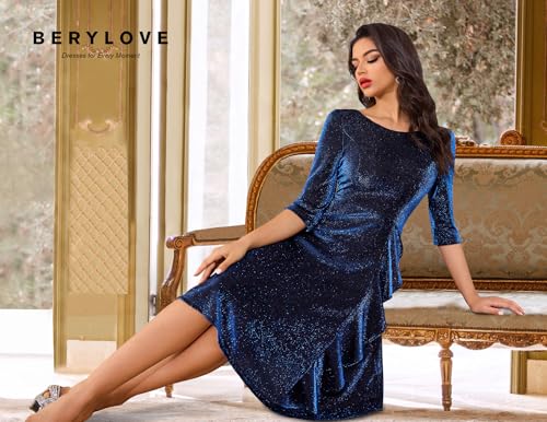 BeryLove Women Glitter Formal Party Dress 3/4 Sleeve Sparkly Cocktail Midi Prom Dress4