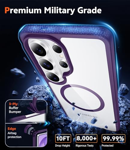 Image of FNTCASE for Samsung Galaxy S26-Ultra Case: Clear Magnetic Phone Cases with Screen Protector Compatible with Magsafe Slim Anti Yellowing Rugged Protective Transparent Cell Phone Cover (Purple Magnetic)