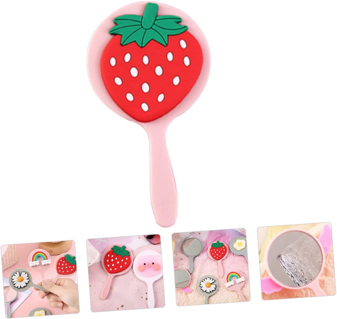 Portable Strawberry Handle Mirror, Cute Pink Travel Makeup Vanity Accessory