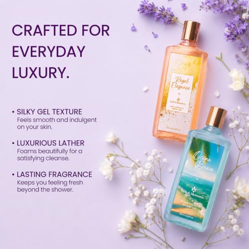 Image of Bath & Blossoms Ocean Breeze & Regal Elegance | Duo Shower Gel Collection | Fresh Aquatic meets Sweet Amber | 2 x 260 ml | Aloe Vera & Vitamin E | Vegan & Paraben Free | Premium Body Care | Luxury Gifting