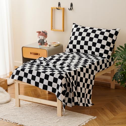 Image of Luxlovery Toddler Comforter Set Checkered Plaid Black White Kids Boho Bedding Set Bed Set for Dorm 4 Pieces (1 Comforter, 1 Flat Sheet, 1 Fitted Sheet, 1 Pillowcase)