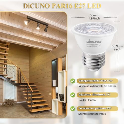 DiCUNO Żarówka LED E27 PAR16, 6W zastępuje reflektor halogenowy 50W, ciepła biel 2700K, 500lm, nieściemnialna, CRI 90, żarówka LED MR16, kąt wiązki 60°, 6 sztuk