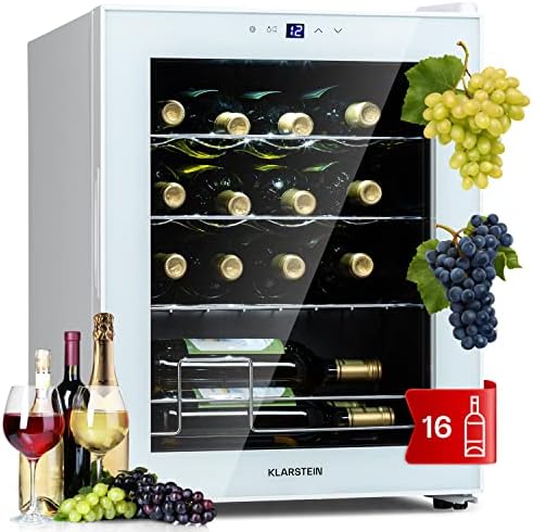 Klarstein Shiraz Wine Cooler White – 16 Bottles, 42 L, 1 Zone | Freestanding Wine Fridge with Glass Door, Quiet, 5–18 °C, LED, Stainless Steel Frame