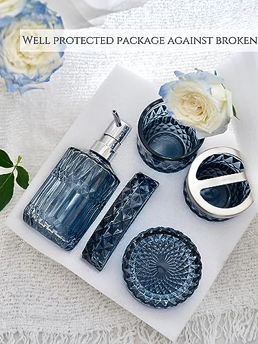 LaMarriti 5Pcs Blue Glass Bathroom Accessory Complete Set, Lotion Dispenser, Soap Dish, Tumbler, Cotton Swab Jars, Toothbrush Holder Set, Modern Bathroom Decor and Gift Set, Blue
