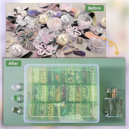 Image of Cosics Bead Storage Containers, Clear Plastic Bead Organizer Case with Hinged Lid and Labels, Mini Craft Storage Box for Small Projects, Jewelry Kit, DIY Craft Supply, Stickers, False Nails, Green