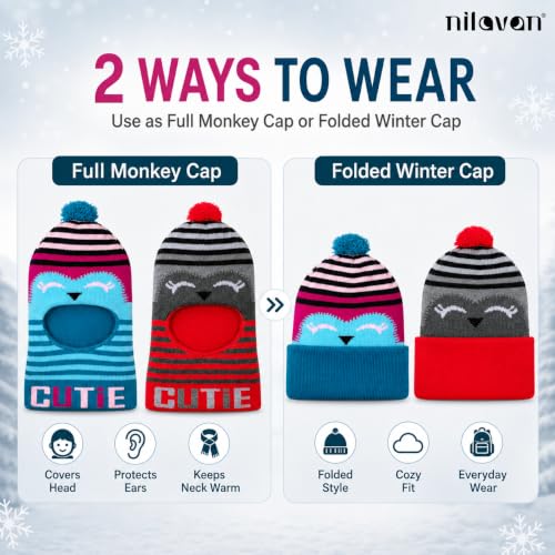 Image of Nilavan Unisex Woolen Monkey Caps for Babies (Pack of 2) | Soft Knitted Balaclava Winter Caps with Ear & Neck Coverage | Cute Face Muffler Cap for Newborn, Infants & Toddlers