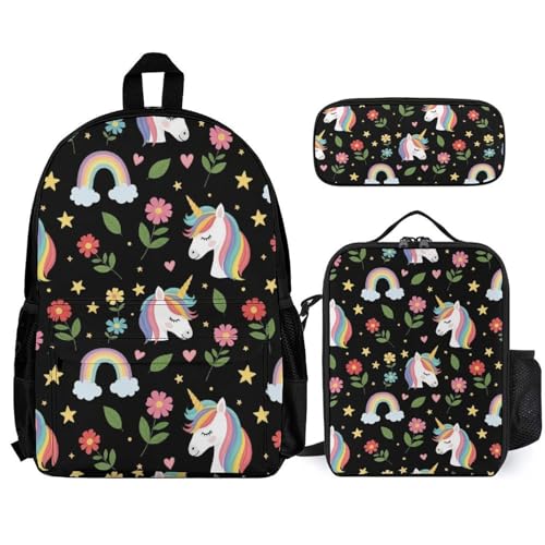 AMRANDOM Backpack for Women Men 3Pcs Backpack with Lunch Box Cute Unicorns Bookbag
