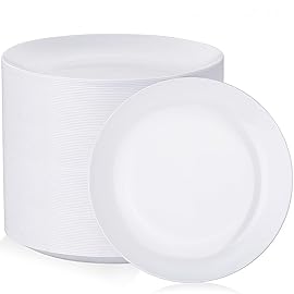 Nervure 100Pcs White Plastic Plates - 10.25inch Disposable White Dinner Plates - Heavy Duty Plastic Plate Ideal for Wedding & Party