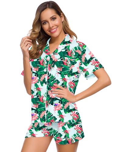 Image of SWOMOG Womens Silk Satin Pajamas Set Short Sleeve Sleepwear Button Down Top and Shorts Loungewear 2 Piece Pjs Set XS-3XL Tropic Medium
