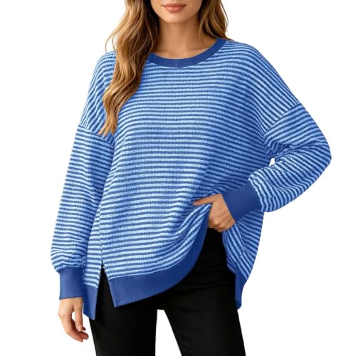 Oversized Sweaters for Women Side Split Long Sleeve Knit Striped Sweater - image 2