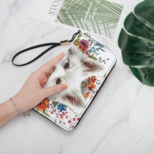 White Dog with Flowers PU Leather Clutch Long Bifold Wallet, Coin Purse Credit Pass Case, Durable Card-Holder Money Storage for Women Men4