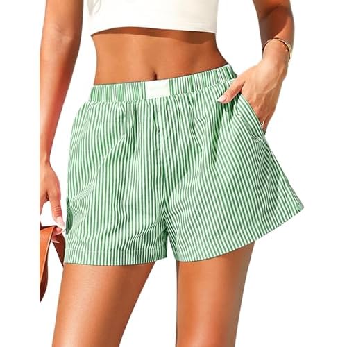 Marvmys Womens Boxer Shorts Cotton Plaid Gingham Shorts Summer Elastic Waist Pajama Buttoms with Pockets Medium Green Stripe