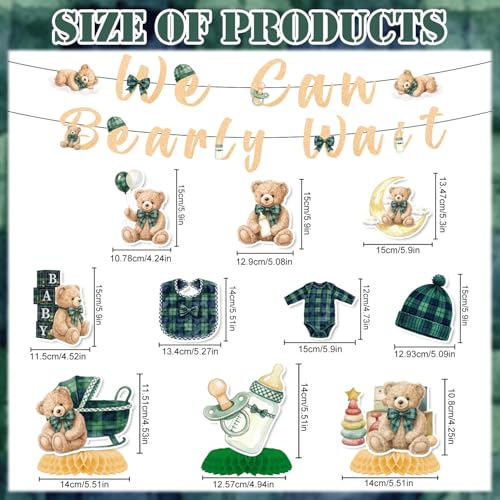 Image of Bearly Wait Baby Shower Decorations, 12PCS Vintage Plaid Teddy Bear Glitter Banners with Hanging Swirls Party Decorations, Welcome Baby Bear Honeycomb Centerpiece Decor Supplies