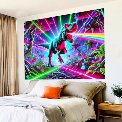 Image of BlissYard Blacklight Tapestry 78x59 Inch Laser Dinosaur Tapestry Trippy Jungle Neon Wall Art UV Reactive Glow in the Dark T Rex Poster for Bedroom Dorm Party Wall Hanging Decor