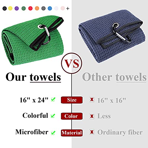 VIVIDLY 2 Pack Tri-fold Golf Towels, Premium Microfiber Fabric Waffle Pattern with Black Heavy Duty Carabiner Clip, Green Golf Towels for Golf Bags for Men (Green) - Thumbnail 5