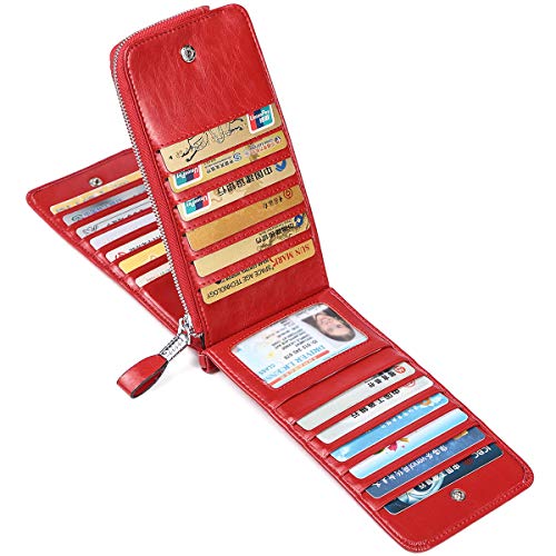 Huztencor Women's Credit Card Holder Rfid Blocking Oil Wax Leather Multi Card Organizer Wallet Slim Long Zipper Bi-Fold Business Card Case Clutch Wallet With Id Window Red (Fba) #TOP1