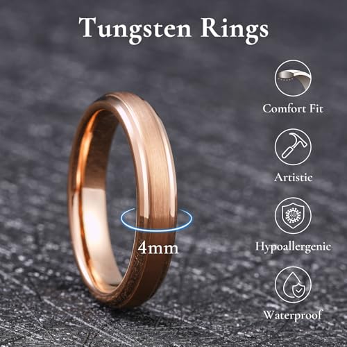 King Will 4mm Rose Gold Tungsten Carbide Wedding Ring for Men Women - Matte Brushed Band Promise Rings, Comfort Fit, Size 10
