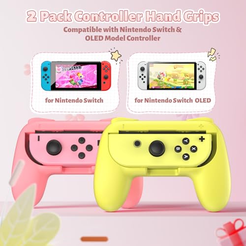 Image of FASTSNAIL Grips Compatible with Nintendo Switch for Joy Con & OLED Model for Joycon, Wear-Resistant Handle Kit Compatible with Joy Cons Controllers, 2 Pack (Pink and Yellow)