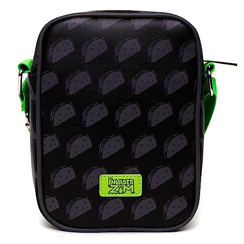 Nickelodeon Bag, Crossbody, Invader Zim GIR Taco Pose With Taco Print Black Gray, Vegan Leather3