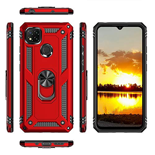 Duolide For Xiaomi Redmi 9C Case With Tempered Glass Screen Protector [2 Pack], Hybrid Heavy Duty Dual Layer Anti-Scratch Shockproof Defender Kickstand Case Cover, Blue #TOP2