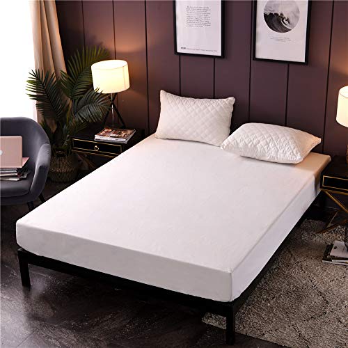 Mateju Sábana Bajera Ajustable, Protector de colchón Impermeable de Color Sólido Transpirable Microfibre Colcha de Cama con elástico Bolsillo Profundo (150x200x35cm,Blanco)