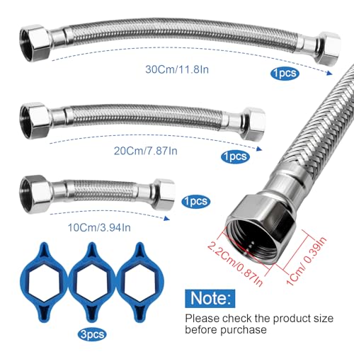 3 Stück 10cm, 20cm, 30cm Flexschlauch, Überwurf Beidseitig Panzerschlauch Edelstahlumflechtung Anschlussschlauch Armatur Flexibler Verbindungsschlauch für Wasserhahn Eckventil Bad WC