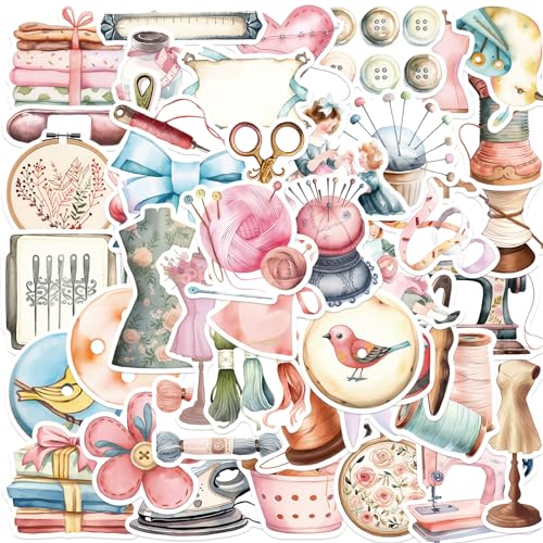 50Pcs Vintage Sewing Machine Stickers for Laptop Cartoon Lovely Tailor